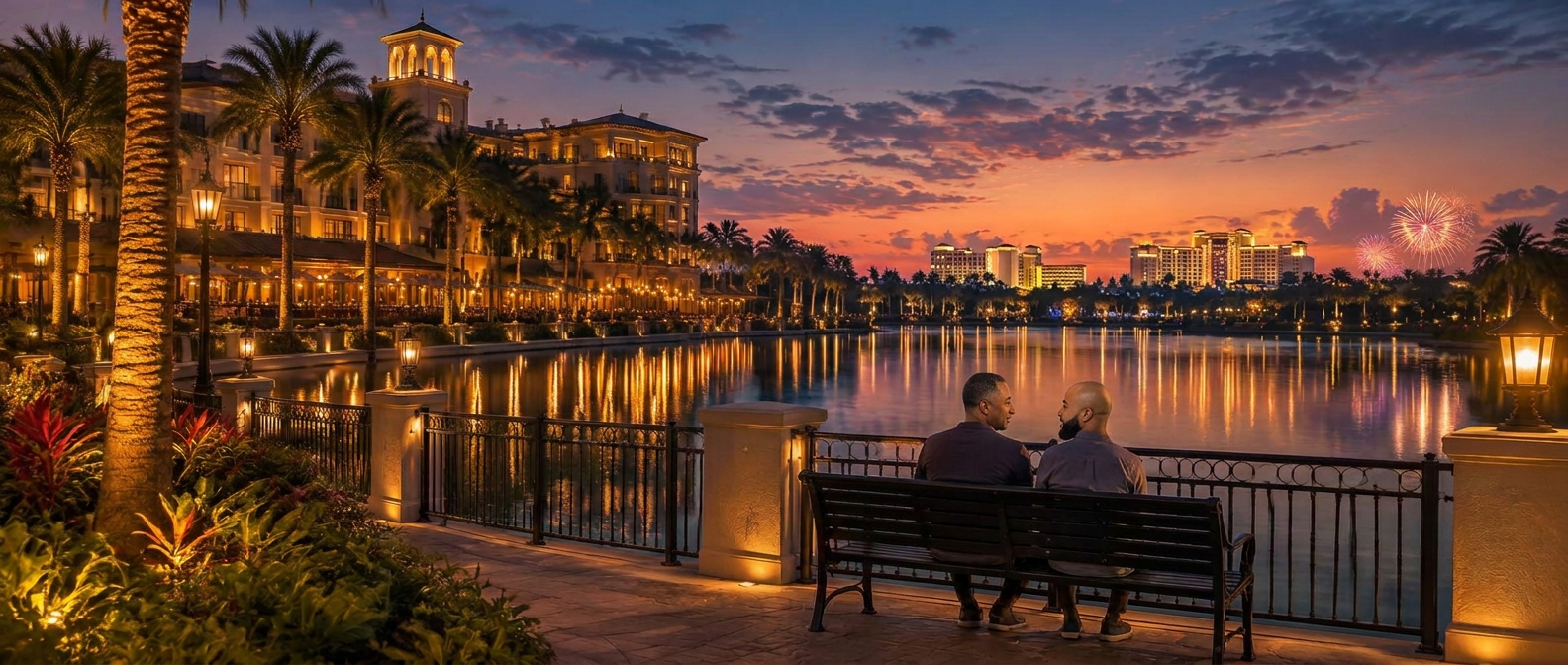 Dos fundadores sentados juntos en un banco frente al agua de un resort al atardecer