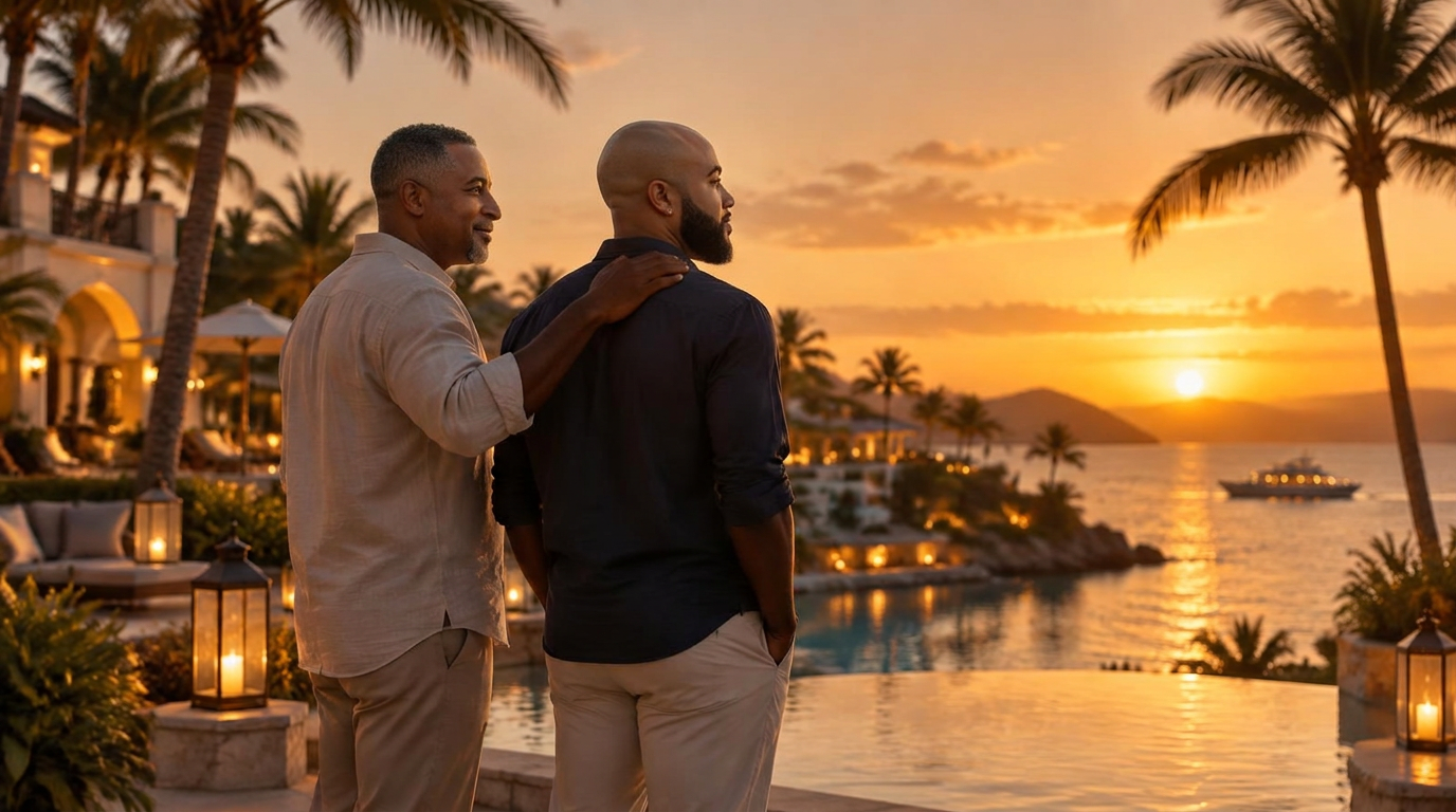 Two founders standing together at a palm-lined resort waterfront at sunset