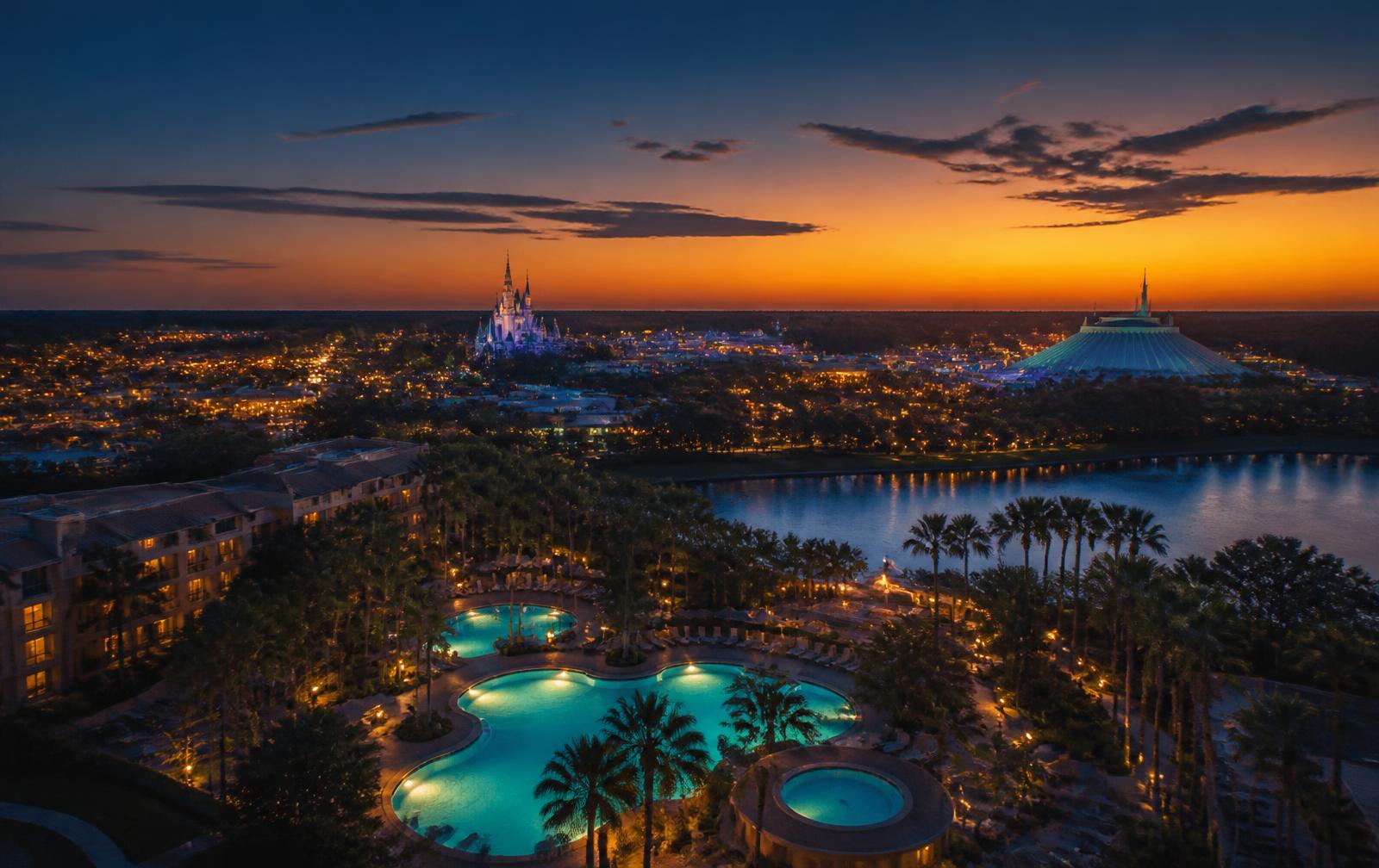Central Florida resort and theme park skyline at sunset